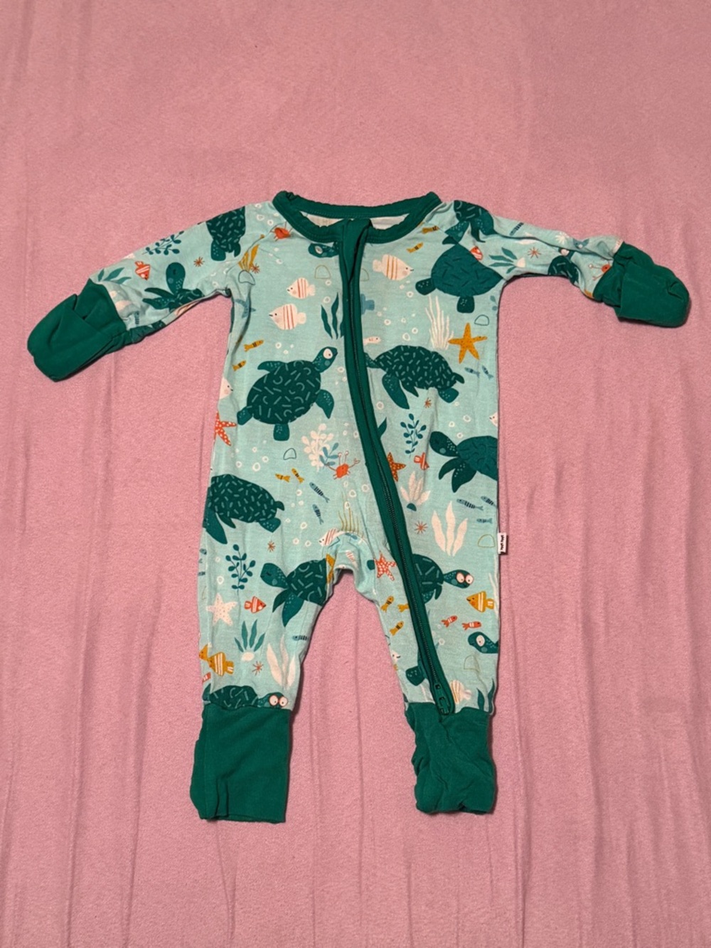 Little Sleepies Teal Sea Turtle Footed Pajamas with Green Trim